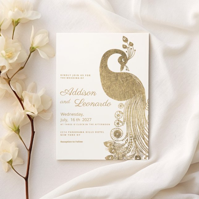 Lyxvita guld-royalet i elegant bröllop inbjudningar (Luxury white gold royal peacock elegant Wedding )