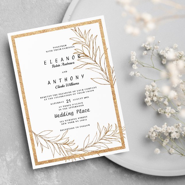 Lyxvita och guld glitter löv blommigt Bröllop Inbjudningar (Luxury white and gold glitter leaf floral Wedding )