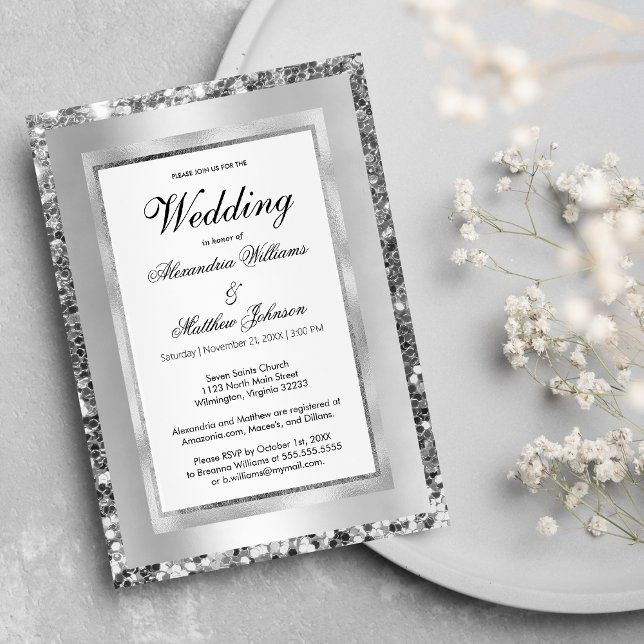 Lyxvita silver-sekvensen ram elegant bröllop inbjudningar (Luxury white silver sequin frame elegant Wedding )