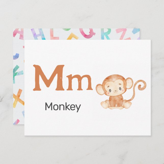 M är för Monkey - Alphabet Flash-kort Vykort (Fram/baksida)
