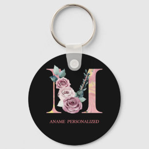 M Blommigt Monogram Namn Brev Rosa Agate Keychain Nyckelring