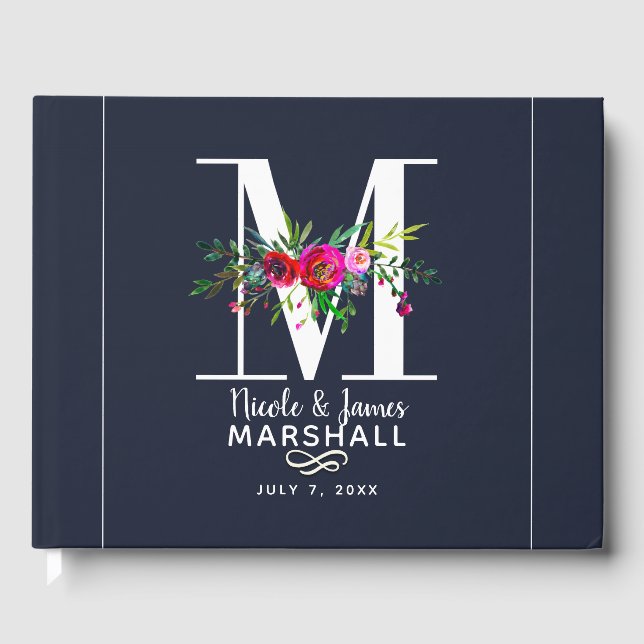 M Bokstav Initial Monogram Blommig Namn Bröllop Gästböcker (Framsida)
