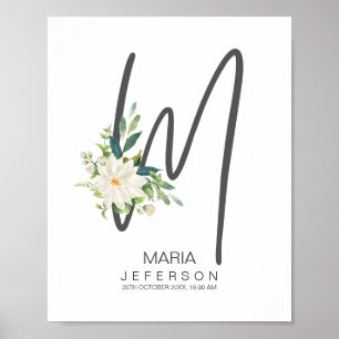 M Bokstavsmonogram Rosa Blommig Dekor