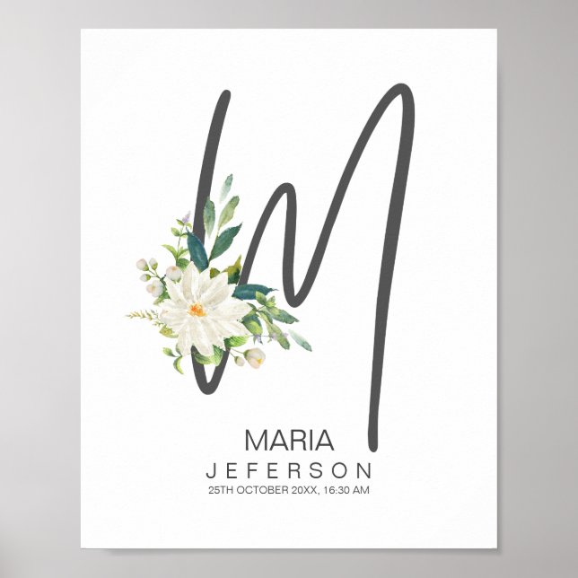 M Bokstavsmonogram Rosa Blommig Dekor (Framsidan)