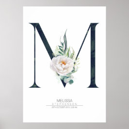 M Bokstavsmonogram Vita Blommor och Grönska Poster