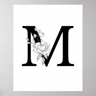 M botaniskt monogram. Brev, inledning med peonier Poster