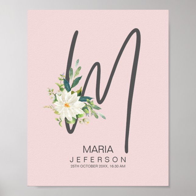 M Brev Monogram  Blommigt Decor Poster (Framsidan)