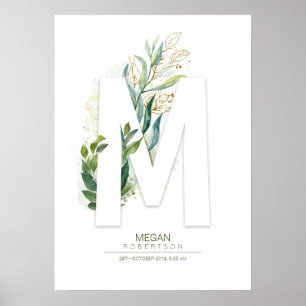 M Brev Monogram Guld Greenery Foliage Chic Poster