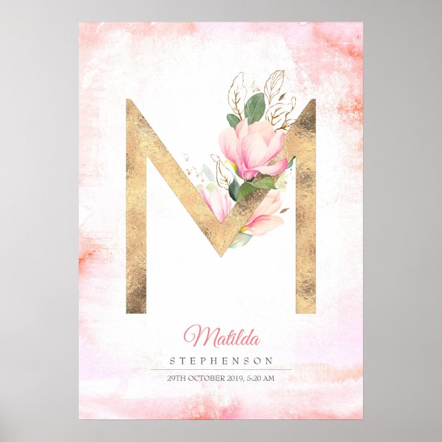 M Brev Monogram Guld Löv Rosa Magnolia Blommigt Poster (Framsidan)