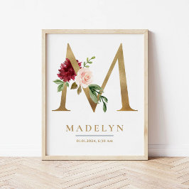 M Brev Monogram Namn Marsala Blommigt Nursery Poster