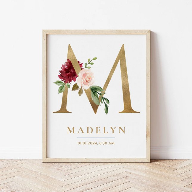 M Brev Monogram Namn Marsala Blommigt Nursery Poster (Skapare uppladdad)