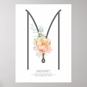 M Brev Monogram Peach Blommigt Home Decor Poster