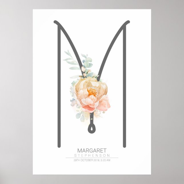 M Brev Monogram  Peach Blommigt Home Decor Poster (Framsidan)