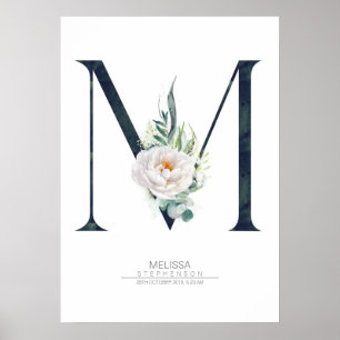 M Brev Monogram White Flowers and Greenery Poster
