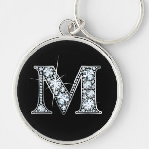 "M" Diamond Bling Keychain Rund Silverfärgad Nyckelring