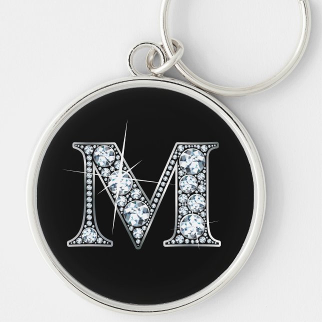 "M" Diamond Bling Keychain Rund Silverfärgad Nyckelring (Framsidan)