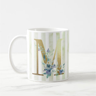 M, gyllene inledning på blå och vit rand kaffemugg