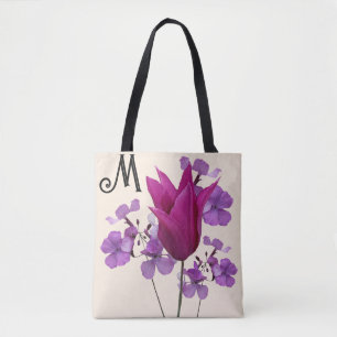 M lila i monogram söt rosa tulip-blomma  giftigt tygkasse