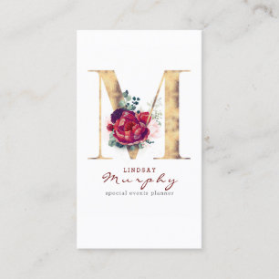 M Monogram Burgundy Red Flowers och Guld Glitter Visitkort