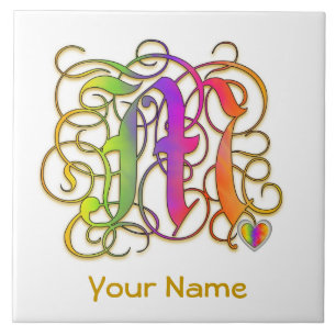 M Monogram ditt namn keramisk platta "Gothic Rainb Kakelplatta