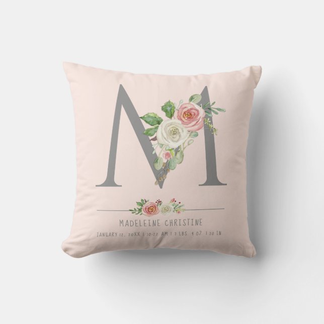 M Monogram Flicka | Blommigt vid födseln Kudde (Framsida)