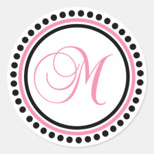M Monogram (Ljus rosa/svart punktcirkel) Runt Klistermärke