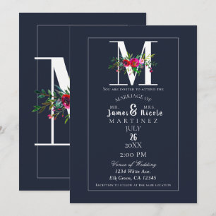 M Monogram Sista Initial Modern Blå Blommig Bröllo Inbjudningar
