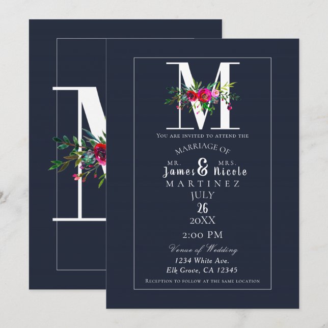 M Monogram Sistvarande Modern Blå Blommig Bröllop Inbjudningar (Fram/baksida)
