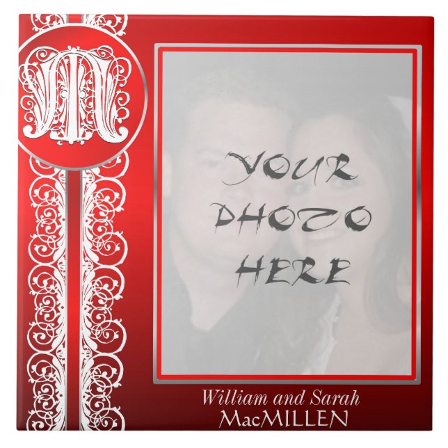 M Monogram "White Snöre on Red" med Photo - Tile Kakelplatta (Framsidan)