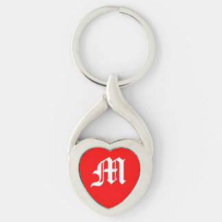 "M" Red Heart Keychain Twisted Heart Silverfärgad Nyckelring