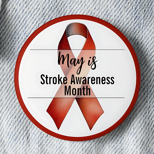 Må band för linjemedvetenhet Månad Knapp (May is Stroke Awareness Month pinback button.  Red awareness ribbon.)
