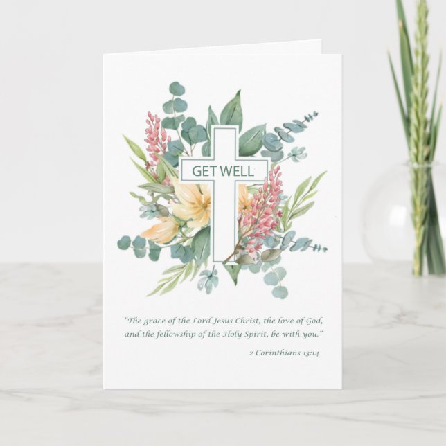 Må bra religiöst kors akvarell vilda blommor kort (Framsida)
