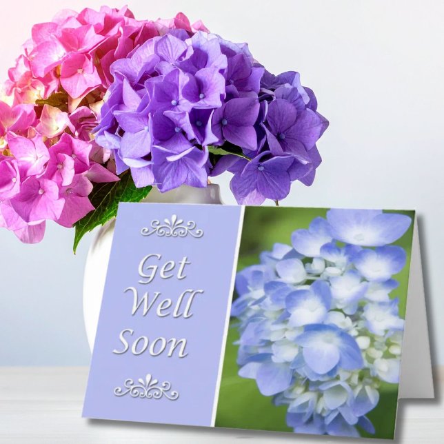 Må bra snart med blå hortensia kort (Skapare uppladdad)