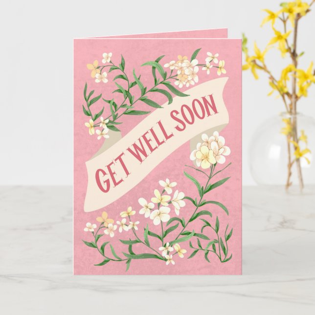 Må bra snart Rosa mjuk pastell blomsterbanner Kort (Gul blomma)