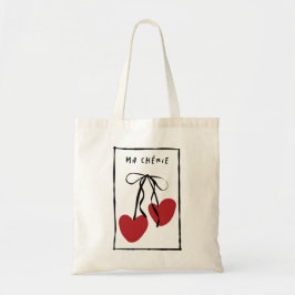 Ma Chérie Romantic Tote Bag | Minimal Heart Cherry Tygkasse
