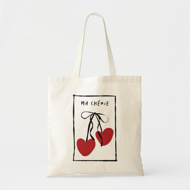 Ma Chérie Romantic Tote Bag | Minimal Heart Cherry Tygkasse (Framsidan)
