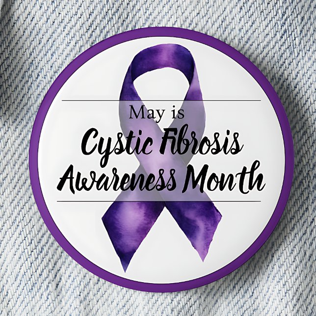 Må cystisk fibros-medvetenhet månad knapp (Purple ribbon May Cystic Fibrosis Awareness Month pinback button.)