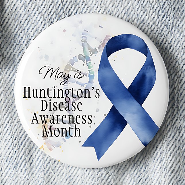 Må Huntingtons sjukdomskänsla - DNA Knapp (May is Huntington's Disease Awareness month, awareness blue ribbon, DNA strand, pinback button.)