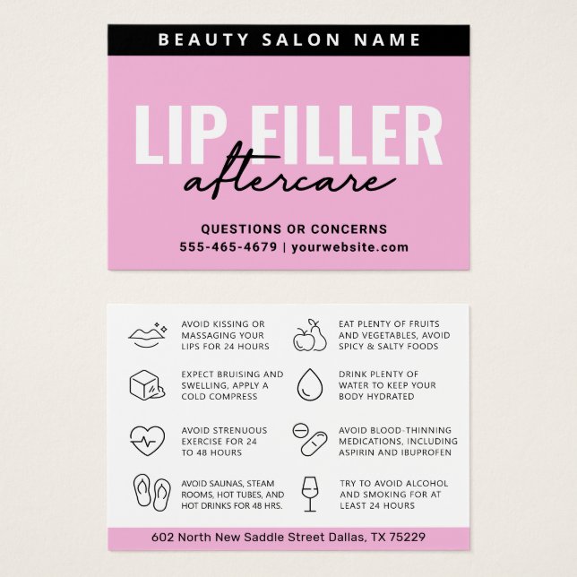 Må Rosa Lip Filler Aftercare Instruktionskort Visitkort (Framsida & baksida)