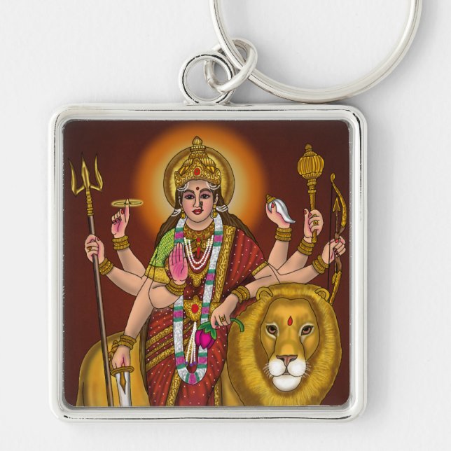Maa Durga Keychain Fyrkantig Silverfärgad Nyckelring (Framsidan)