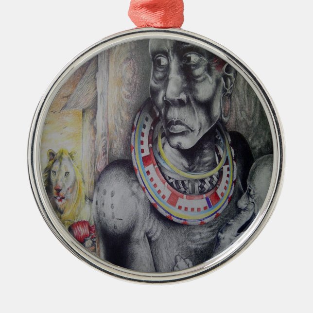 Maasai Mor & Child med Lejon Art Print/Graphic Julgransprydnad Metall (Framsidan)
