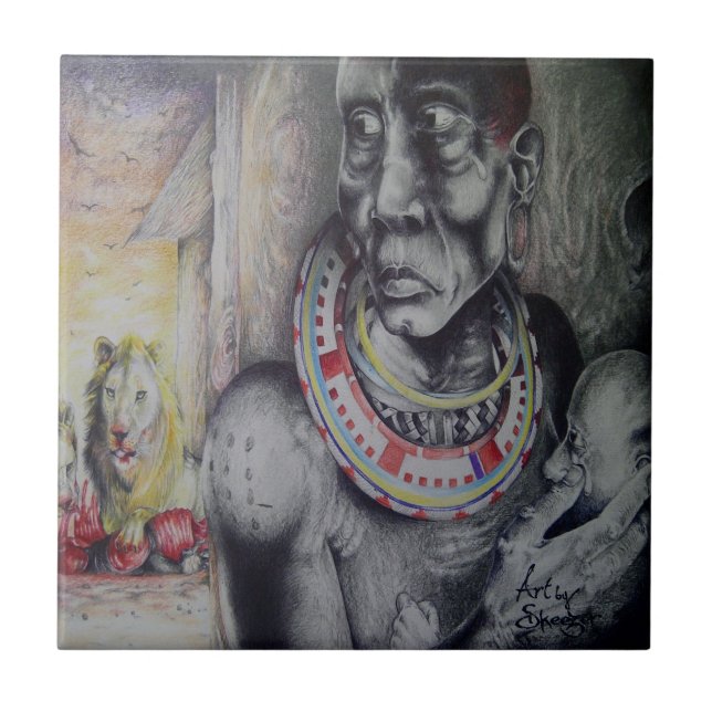 Maasai Mor & Child med Lejon Art Print/Graphic Kakelplatta (Framsidan)