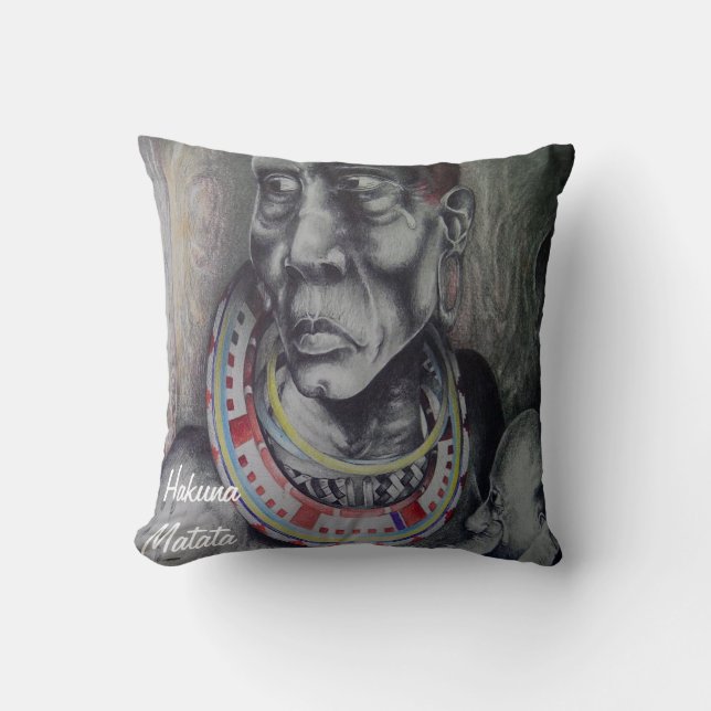 Maasai Mor & Child med Lejon Art Print/Graphic Kudde (Framsida)