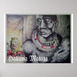 Maasai Mor & Child med Lejon Art Print/Graphic Poster