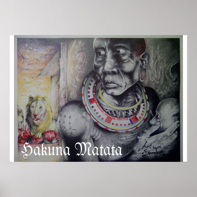 Maasai Mor & Child med Lejon Art Print/Graphic Poster (Framsidan)