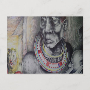Maasai Mor och Barn med Lejon Konsttryck/Grafik Vykort