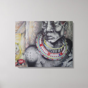 Maasai Mor och Child med Lejon Art Print/Graphi Canvastryck