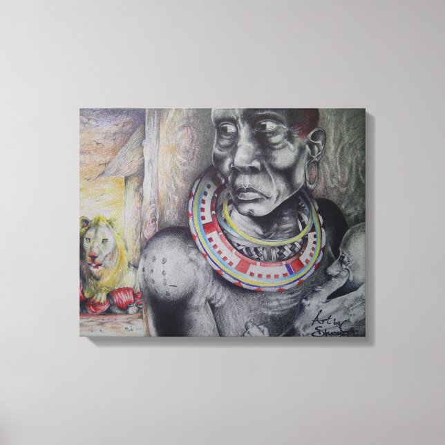 Maasai Mor och Child med Lejon Art Print/Graphi Canvastryck (Framsida)