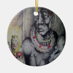 Maasai Mor och Child med Lejon Art Print/Graphi Julgransprydnad Keramik