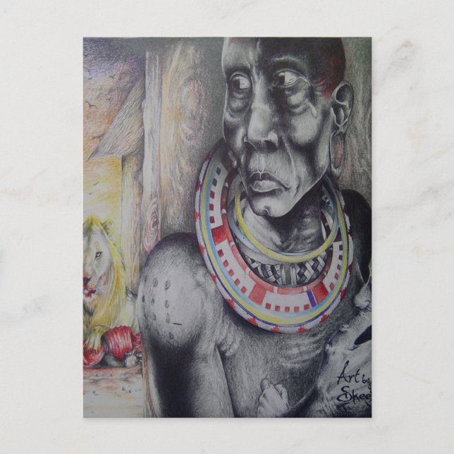 Maasai Mor och Child med Lejon Art Print/Graphi Vykort (Framsida)